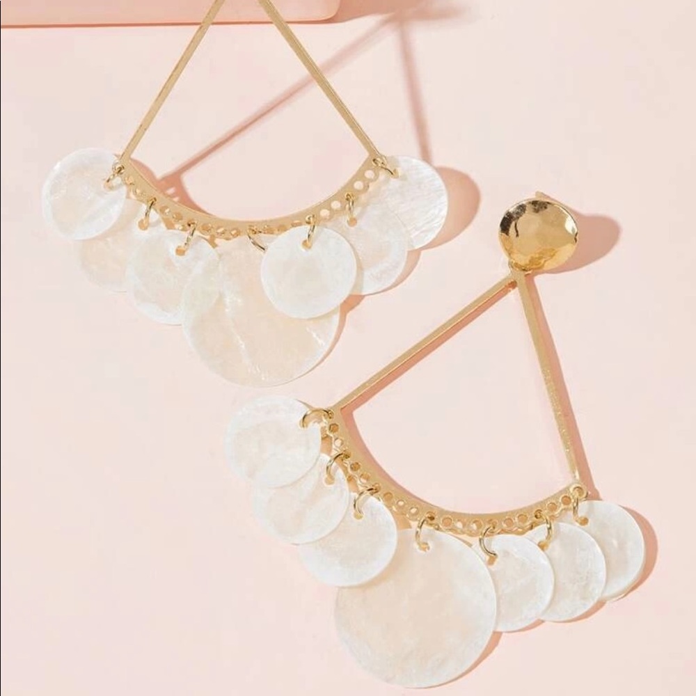 LAST SET SALE Gold + Circle Shell Drop Earrings - Picture 2 of 4